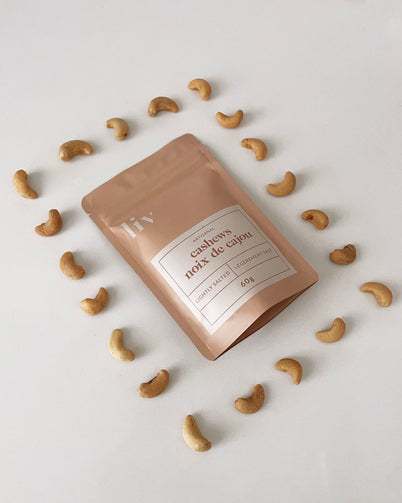 LIV’s hand-roasted cashews in a six-pack bundle featuring savoury flavours: lightly salted, lime with saffron, and mild spicy; crafted for gourmet snacking, salad toppings, or charcuterie boards.