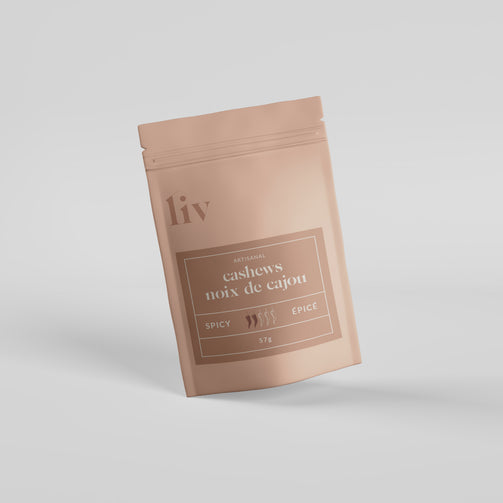 LIV’s hand-selected cashews with a mellow spice blend, delivering a warm, balanced kick in sleek, tastefully designed packaging.